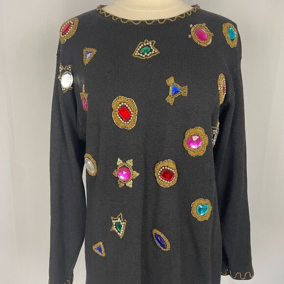 Vintage Sweater Womens Size Medium Black Rhinestone Embellished Bling Party 80s - Picture 3 of 13